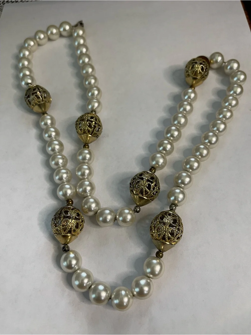 Vintage Pearl Necklace, Gold Filigree Beads, Statement Jewelry